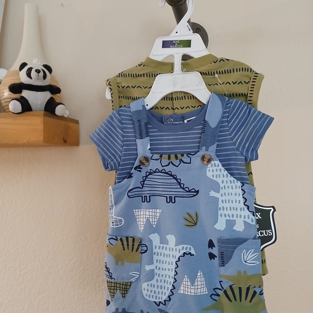 Blue Dinosaur Baby Overalls with Striped Shirt